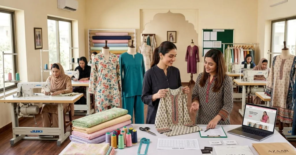 Reliable clothing manufacturer for women’s fashion brands in a modern Pakistani production studio.