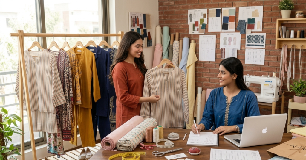 Stitching quality checklist for fashion brands in a modern Pakistani clothing production studio.