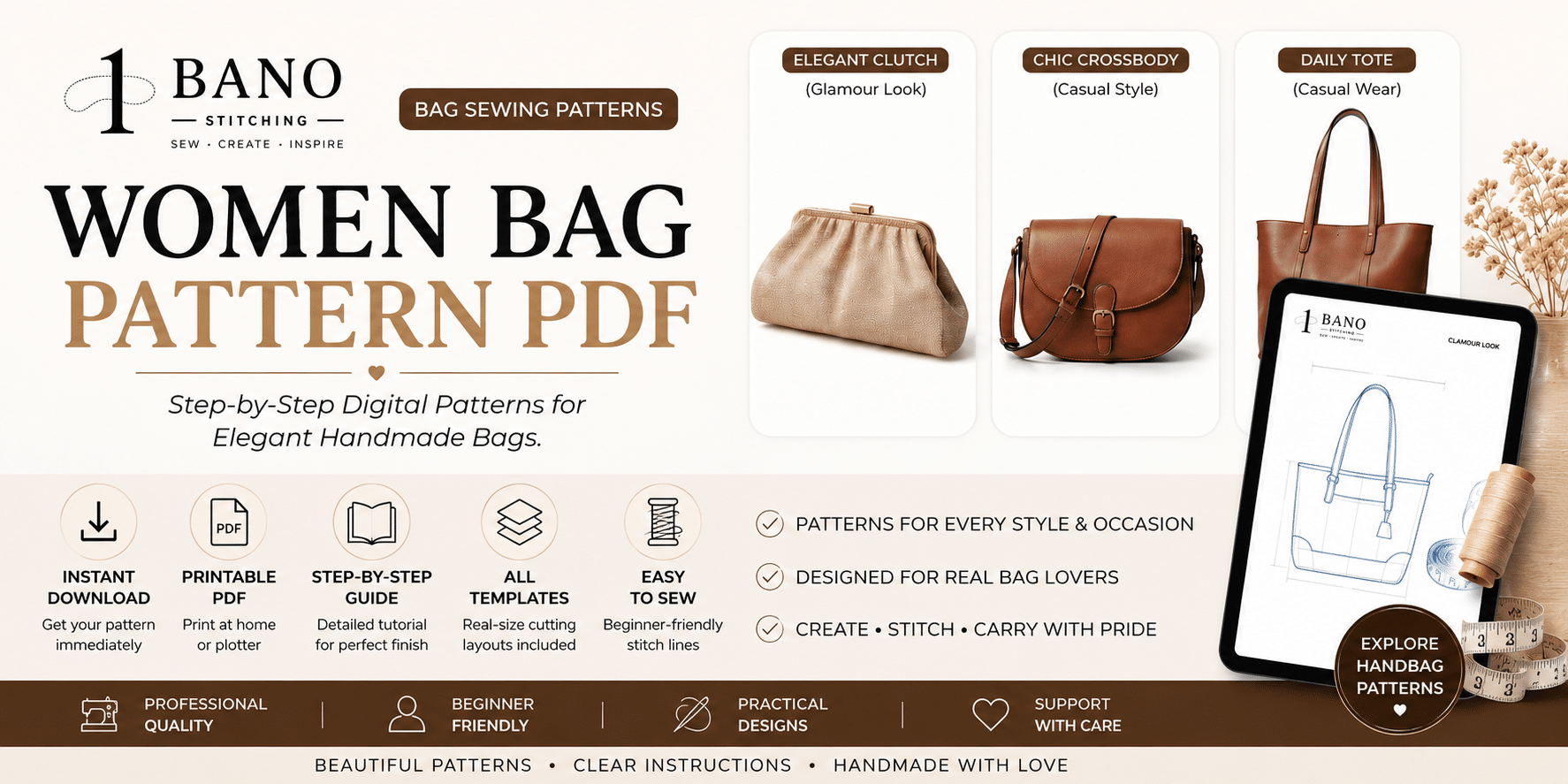 Elegant women bag pattern PDF with printable sewing templates for clutch, crossbody, and tote bags by Bano Stitching.