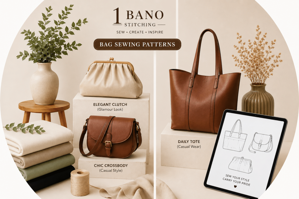 Elegant handbag sewing pattern collection featuring clutch, crossbody, and tote bag PDF templates with printable digital sewing patterns by Bano Stitching.